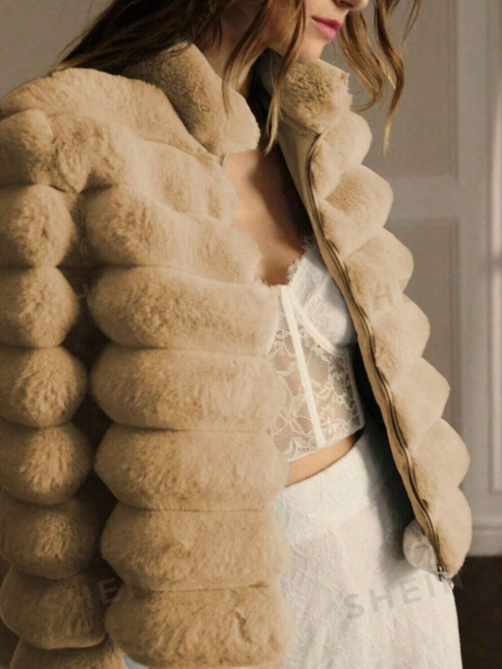 Tan Faux Fur Ribbed Textured Stand Collar Zip Front Jacket